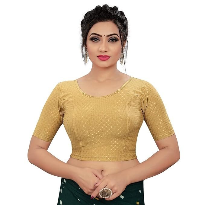 61JMvTGJJ7L._SX679_ Round Neck Dobby Cotton Lycra Stretchable Elbow Sleeve Readymade Saree Blouse for Women Stylish (Free Size) - Image 1