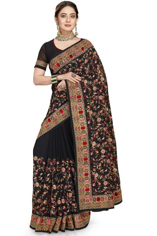 Version 1.0.0 Black Kashmiri Resham Heavy Embroidered Border Work Georgette Saree Sari with Heavy Work UnStitch Blouse Piece For Women & Girls - Image 1