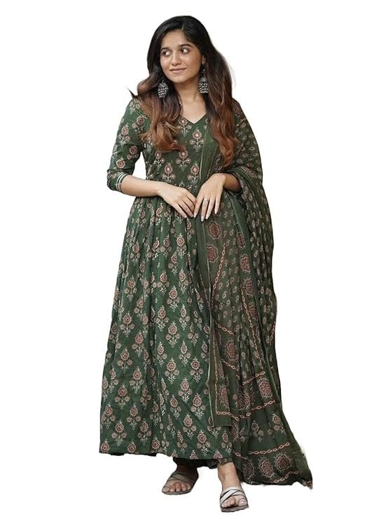 61bnkK-0oYL._SY741_ Women Printed Flared A-Line Kurta with Pant and Dupatta Suit Set | Kurta Set - Image 1