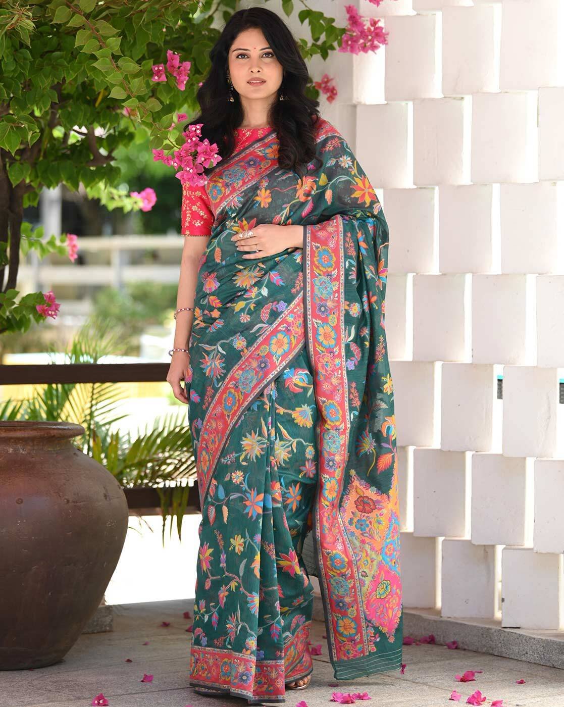 -1117Wx1400H-466569348-green-MODEL Floral Woven Saree with Contrast Border - Image 1