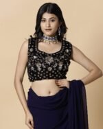 Women Pleated Georgette Saree with Embellished Blouse - Image 2