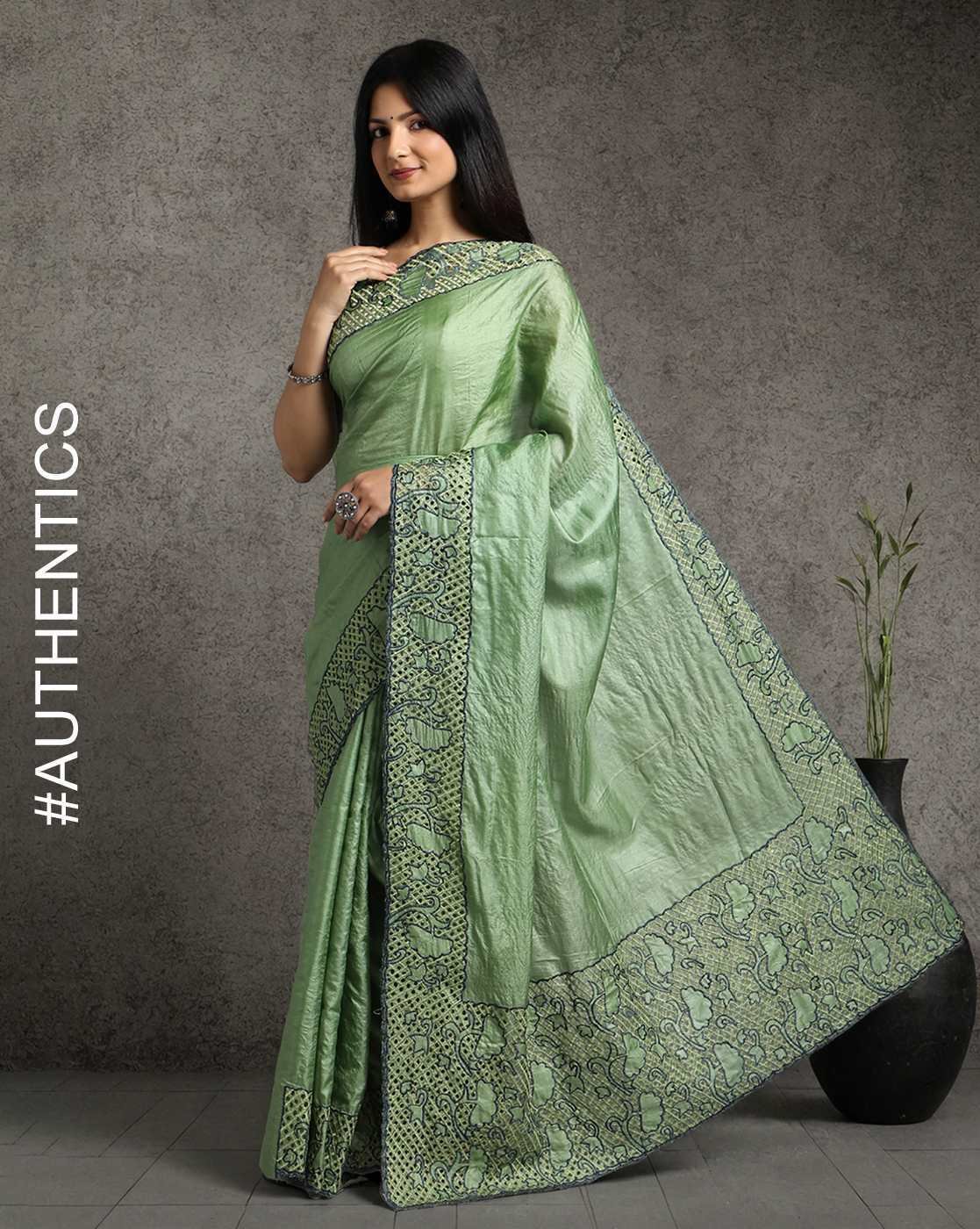 -1117Wx1400H-700605937-green-MODEL Hand Cutwork Pure Bhagalpur Tussar Saree - Image 1