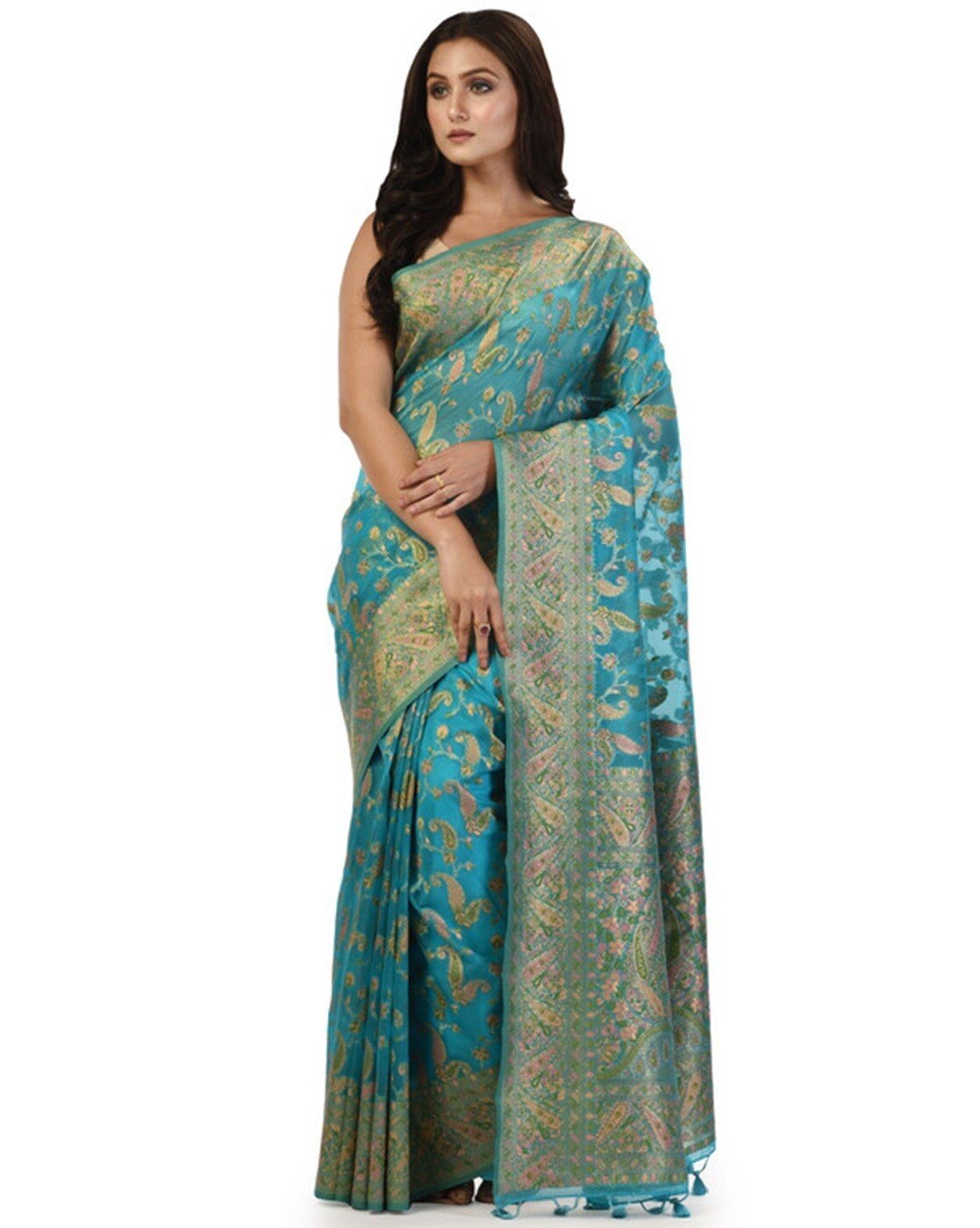 -1117Wx1400H-701290432-aqua-MODEL2 Women Paithani Woven Saree with Unstitched Blouse Piece - Image 1