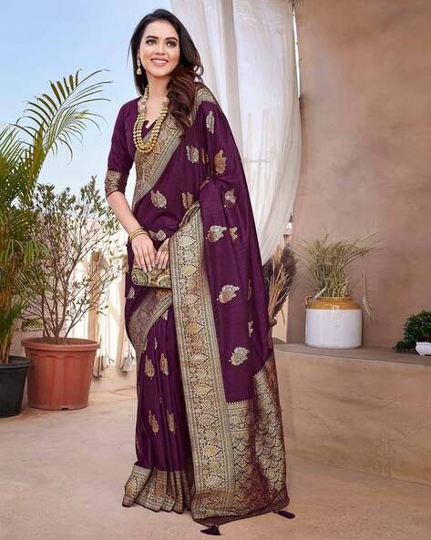 -473Wx593H-467272216-purple-MODEL4 Women Floral Woven Saree with Tassels - Image 1